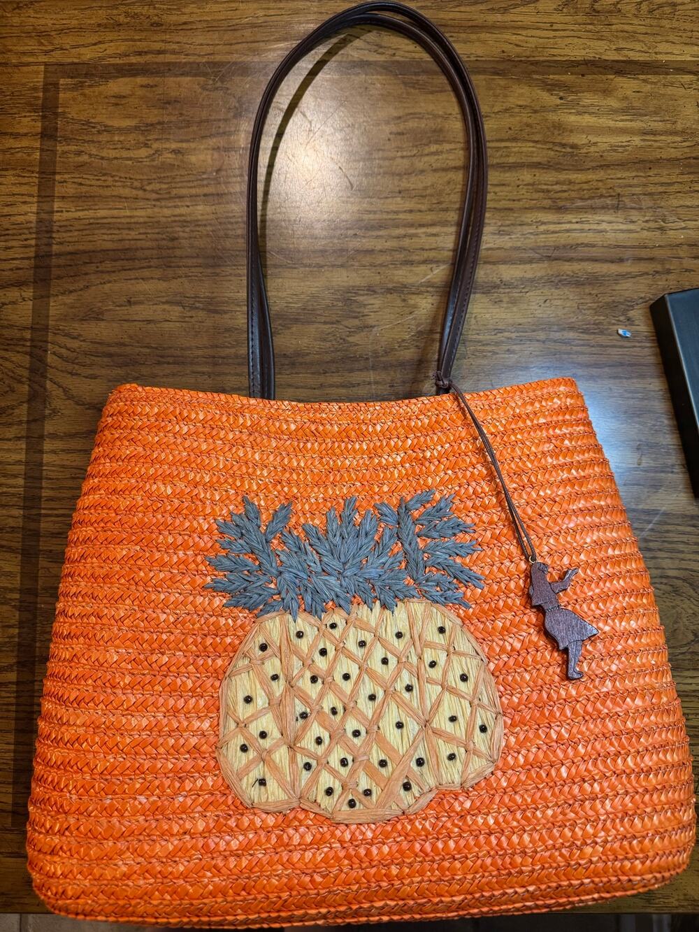 Liz Claiborne Orange Woven Straw Pineapple Tote Bag Beach Summer Shoulder Purse